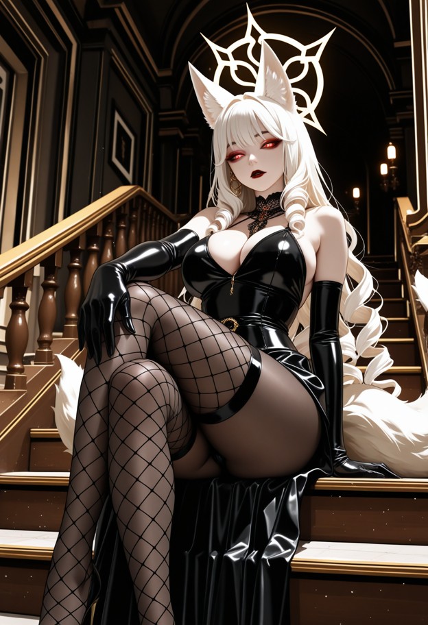 cinematic
 high-fashion shot in a castle interior. an elegant woman sits in the 
shadows of a grand marble staircase,…