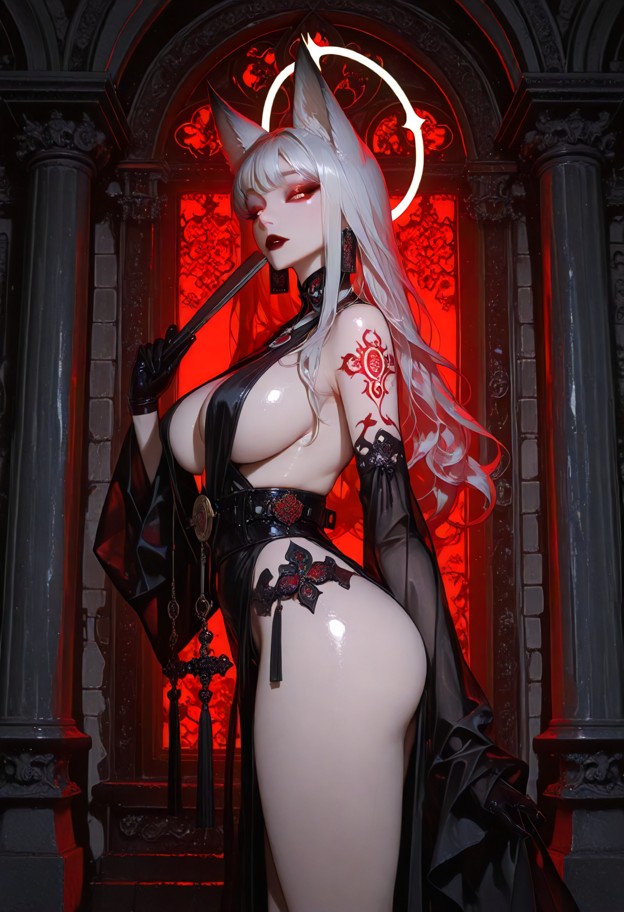 she is stands at the head of the chamber holding a glowing luxurious folding fan decorated with chains,ace choker,cer…