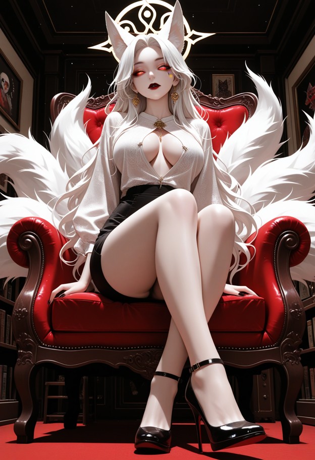 1girl sitting on armchair,glossy skin,black pencil skirt,white silk blouse,black stiletto heels,bookshelves,manga fig…