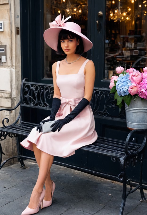 a stunning young woman sitting on an ornate black wrought-iron bench in front of a quaint parisian-style shopfront. s…