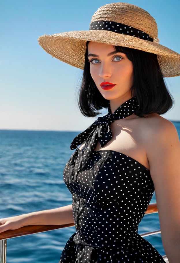 portrait of a stunning woman in a vintage 1950s style,wearing a chic white wide-brimmed straw hat with a black polka-…