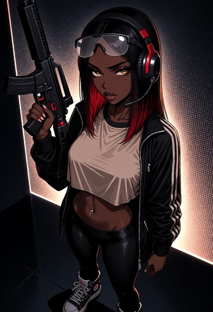 she stands ready with her rifle raised in a dark holographic room lit by a glowing grid pattern on the walls, she wea…