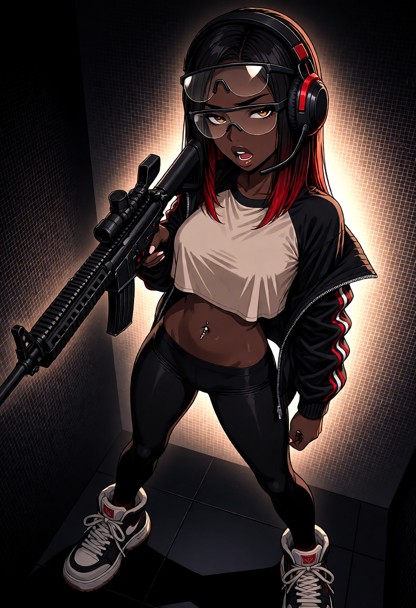 she stands legs spread aiming her rifle in a dark holographic room lit by a glowing grid pattern on the walls, she we…