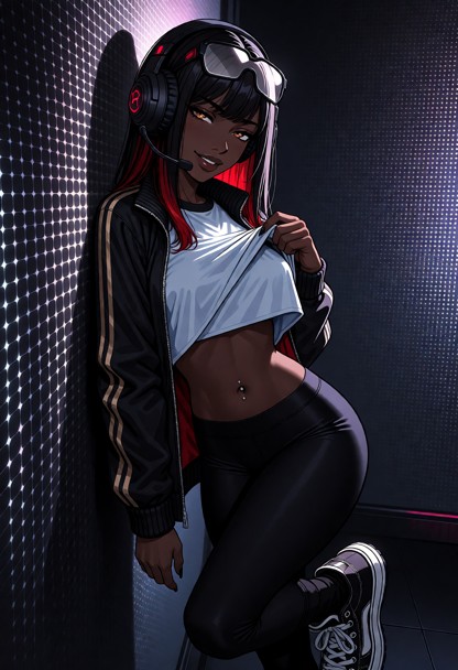 she leans against the wall lifting her shirt in a dark holographic room lit by a glowing grid pattern on the walls, s…