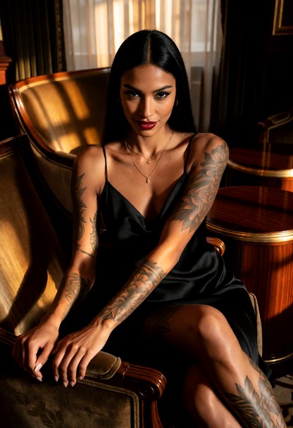 Location: elegant dim lounge with plush velvet armchairs, polished mahogany side tables, and soft amber light casting…