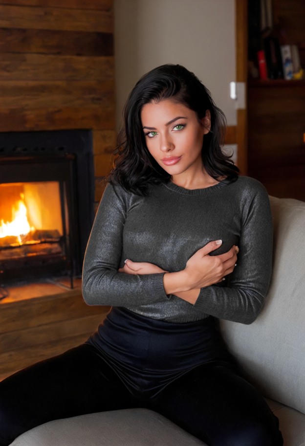 sitting on couch rubbing her chest,charcoal cashmere sweater,black trousers,living room,fireplace,wooden walls,soft w…