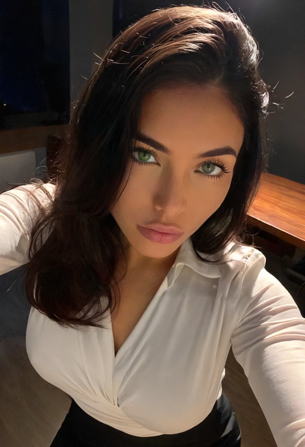 she is leaning against a wooden desk,white silk blouse,black pencil skirt,empty office at night,dim artificial lights…
