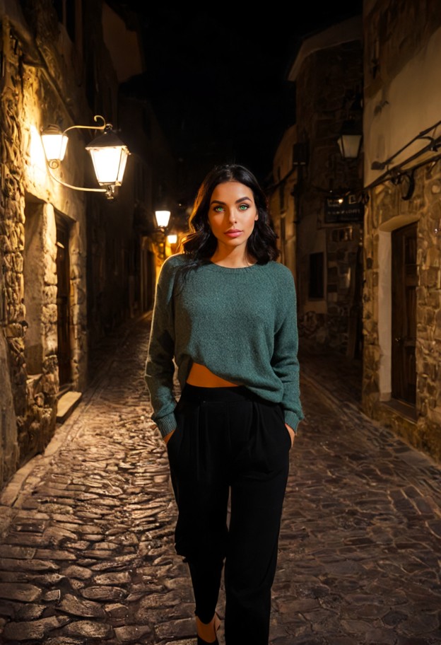 she is is walking in a cobblestone street,charcoal cashmere sweater,black trousers,narrow cobblestone street,historic…