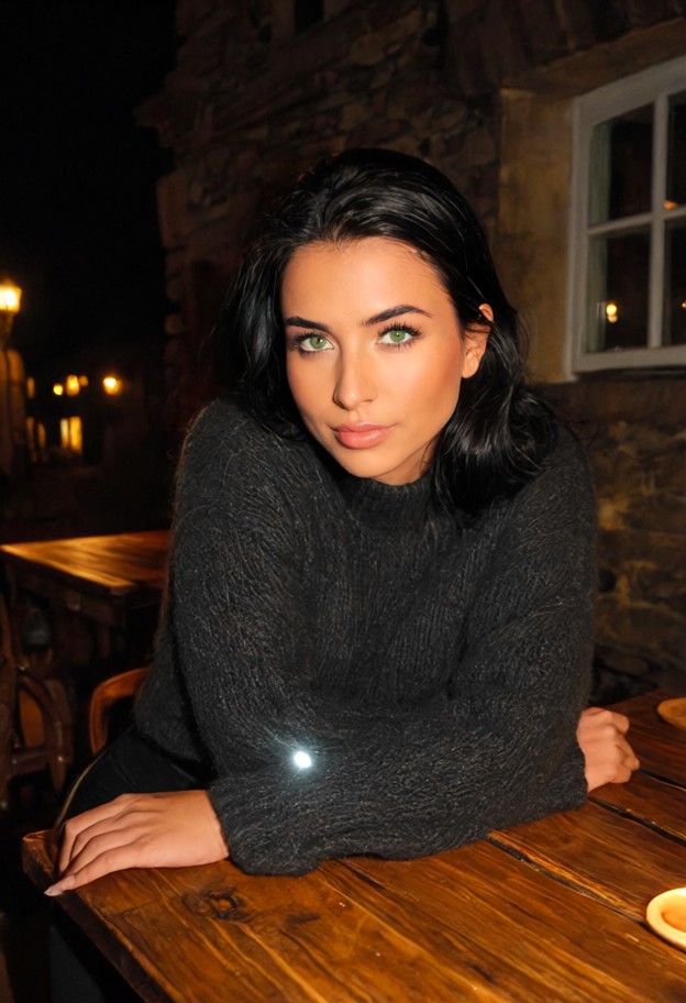 she is,leaning forward over wooden table,charcoal cashmere sweater,black trousers,cozy small restaurant,wooden tables…