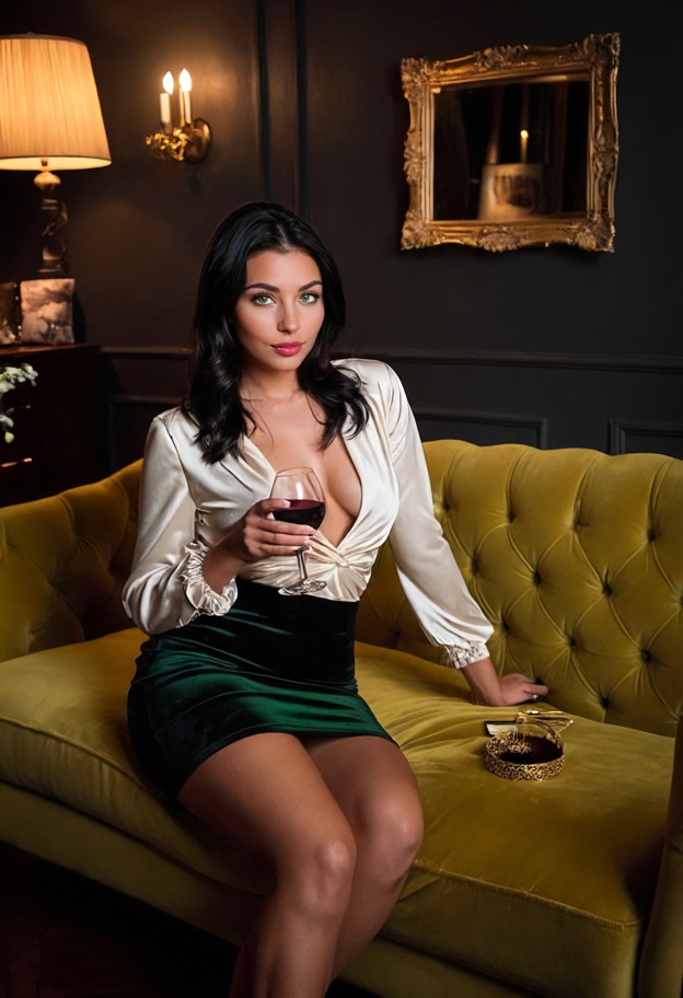 she is is sitting on a velvet sofa holding a wine glass,white silk blouse,black pencil skirt,dimly lit living room,ec…