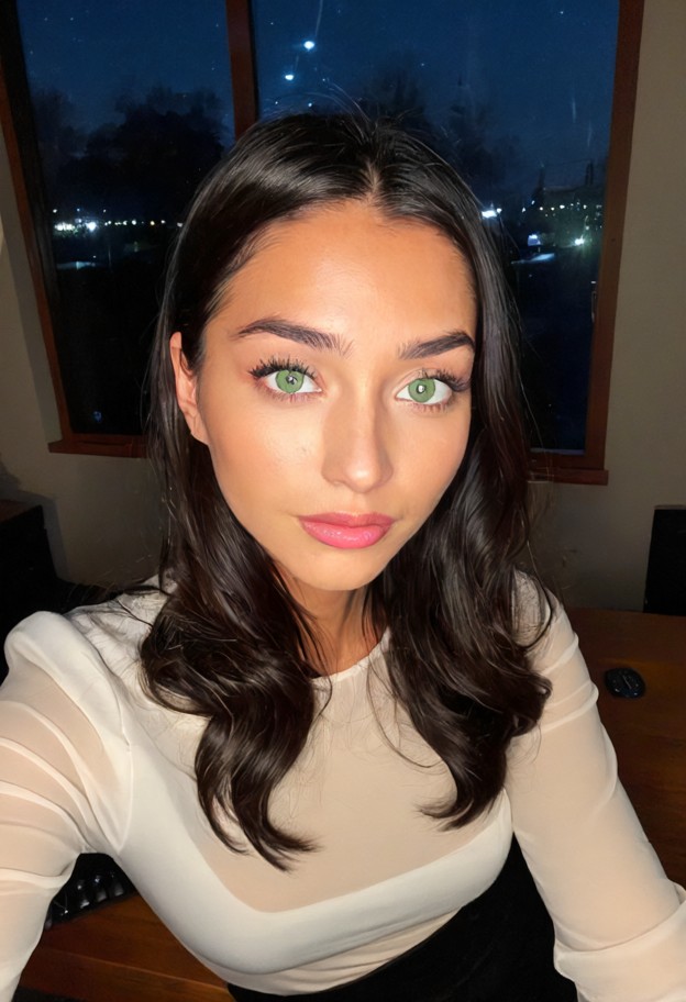 she is leaning forward on a wooden desk,white silk blouse,black pencil skirt,empty office,dim lights,night sky throug…