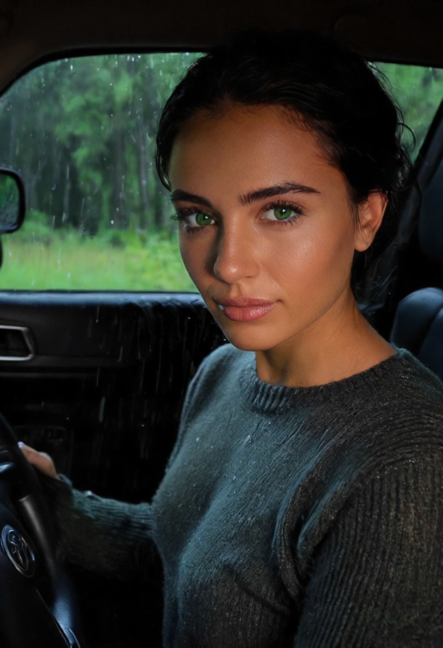 she is leaning close to viewer,charcoal cashmere sweater,black trousers,interior of parked jeep,dark forest,rain-stre…