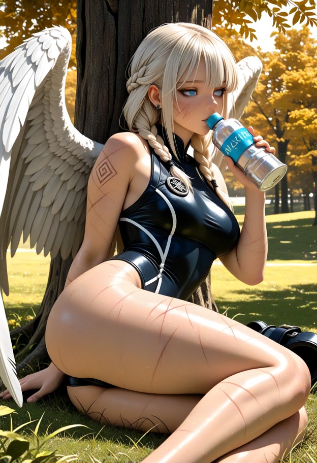 (masterpiece),(best quality:1.4),beautiful valkyrie with large feathered wings,nordic braids,workout clothes,(sitting…