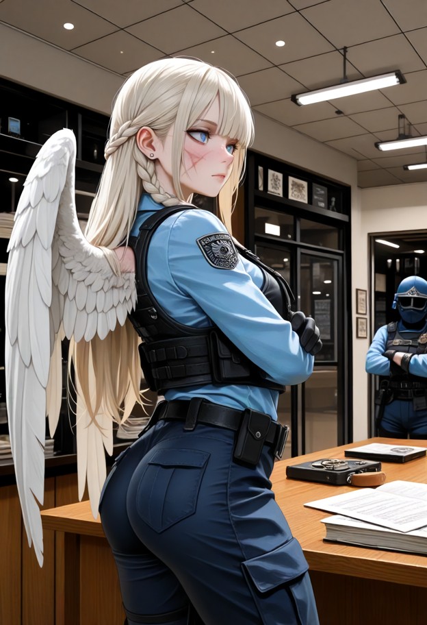 a she is standing with arms crossed looking forward,blue police shirt,black tactical vest,black duty belt,black tacti…