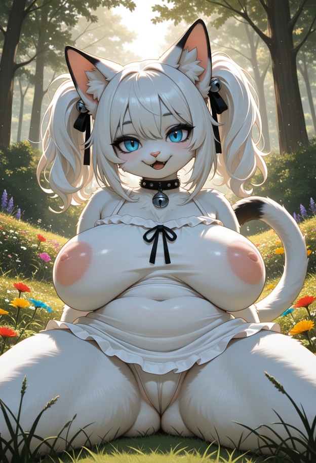 she is sitting on grass next to viewer,white sundress,black choker,grassy field,colorful flowers,dense trees,bright s…