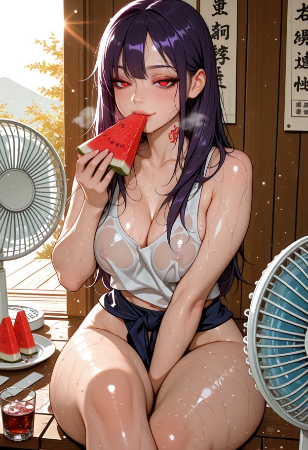 1girl,solo,anime style,extremely hot japanese countryside summer,sitting on a wooden engawa of a traditional japanese…