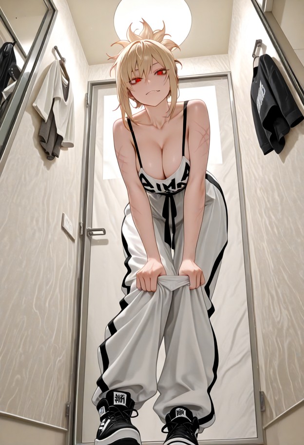 solo,wearing dress,pulling bra down (revealing nipples) front view,facing viewer,streetwear,baggy pants,sneakers,cap,…