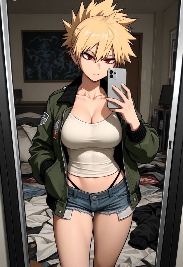 1girl,solo,bomber jacket,open jacket,no shirt,bare breasts,denim shorts,short shorts,low rise shorts,panty straps,fee…
