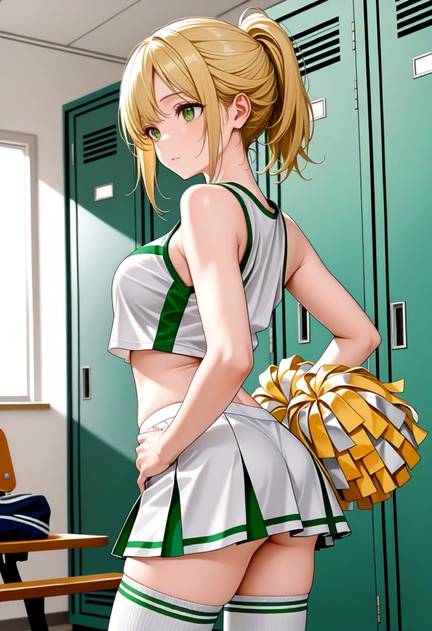 1girl,cheerleader in skimpy green & white outfit,white crop top shows midriff,white knee-high socks with pom-poms,pre…