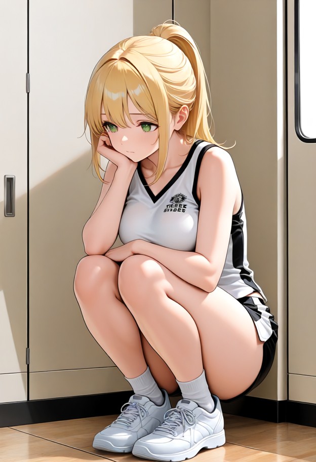1girl crouching behind row lockers,peeking at intruder white tanktop,athletic shorts exposing toned thighs,green lock…