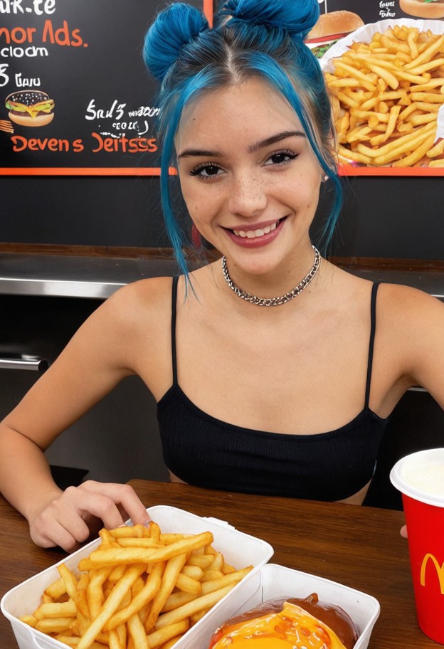 une fille solo au mcdo,plein de frites dans deux bols,3 cokas,5 hamburgers,croptop soulevé au-dessus de ses seins,trè…