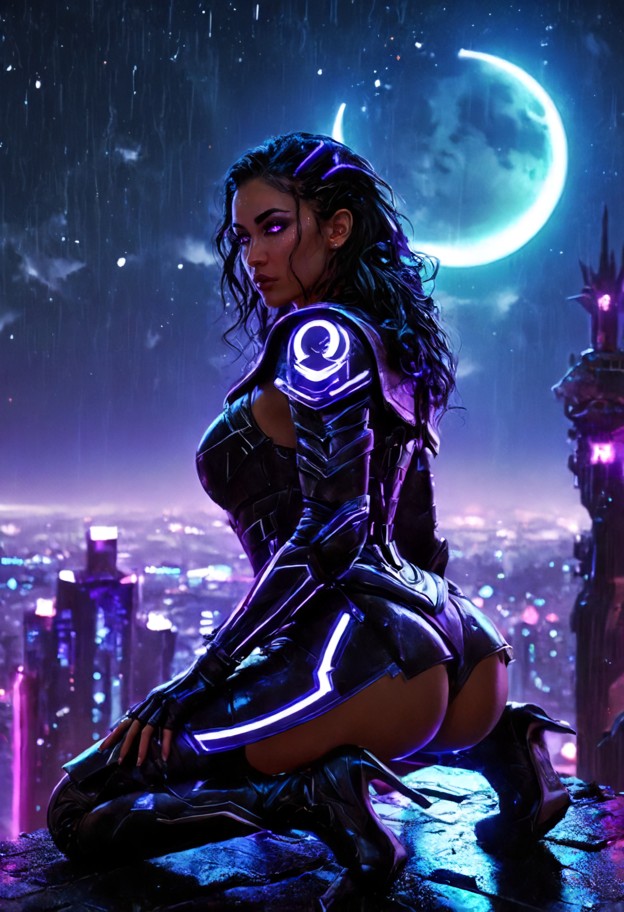 cyberpunk female starlight assassin crouching on a rain-slicked rooftop edge overlooking a glowing neon sci-fi metrop…