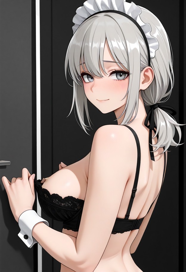 she shifts her bra slightly to reveal her nipples.,shy,shy smile,blushing cheeks,gentle look,over-the-shoulder view,p…