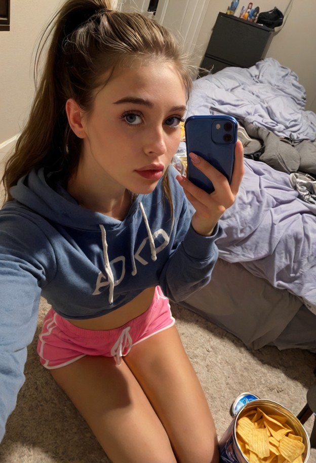 sitting on a messy bed holding a bag of chips,pink oversized hoodie,tiny shorts,cluttered bedroom,messy bed,unmade sh…