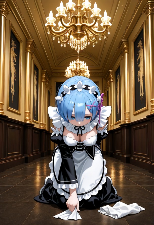 1girl kneeling,dark blue maid uniform,white apron,ruffled headpiece,clutching polishing cloth,looking downwards,bowin…