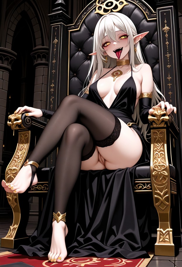 Black Stockings, Black Dress, Barefoot, Forked Tongue — AI Porn Image