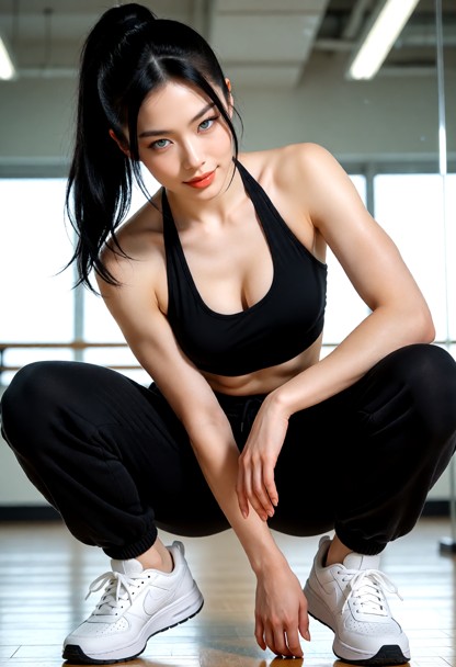 Same woman as the reference, preserve her exact face, hairstyle, body shape, and outfit exactly. In the same dance st…