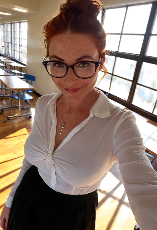 she is is walking forward with a smile,white blouse,black skirt,classroom,wooden desks,high windows,sunlight,selfie c…
