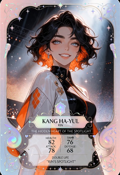 Create a premium fantasy-style character trading card featuring **Kang Ha-yul (강하율), stage name “Rin” (린)**, a 26-yea…
