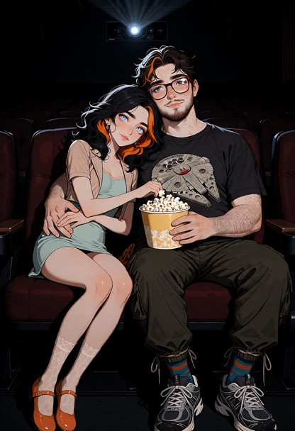 A semi-realistic cinematic movie-theater scene featuring **Ha-yul**, a 26-year-old Korean woman, sitting on the **lef…