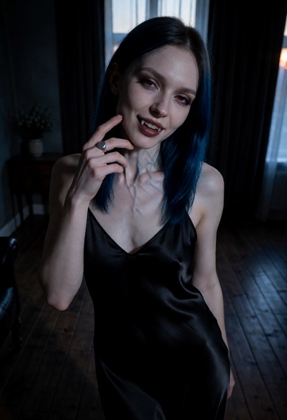 Location: dim evening in a quiet room where the fading sunset casts long, deep shadows and a faint, cool blue light f…