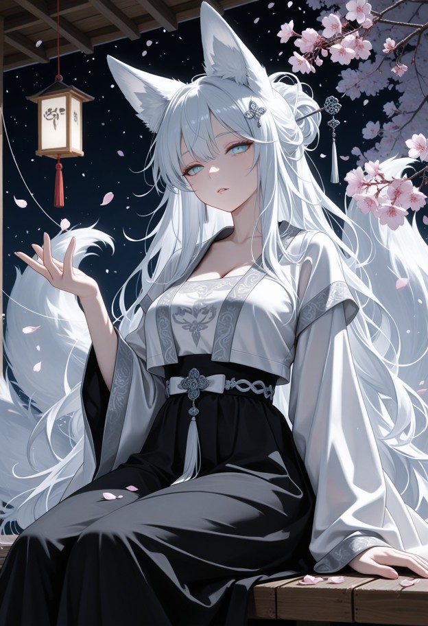 a mature woman sits on a wooden bench outside a small hut at night,mist curling low among blossoms. she wears layered…