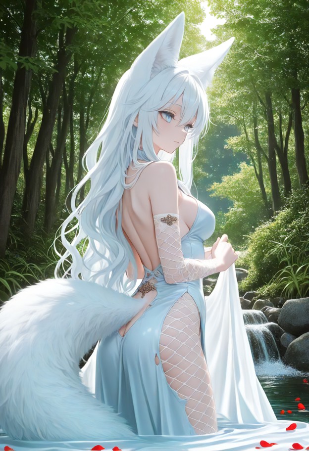 1girl standing,torn fishnets,torn silk kimono，nine white fluffy tails,playful smile,solo,stream,crystal clear water,e…