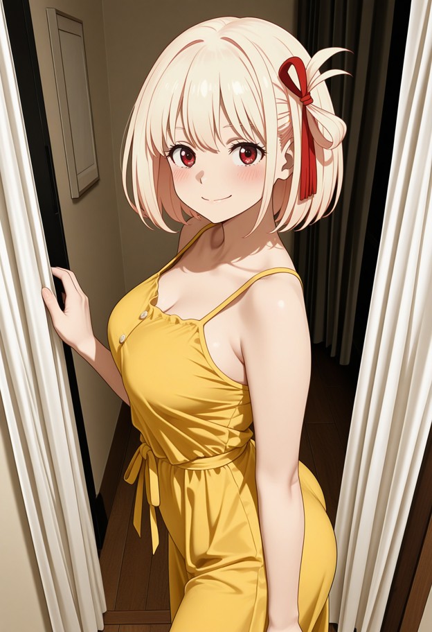 she is is leaning in towards viewer,yellow sundress,indoor living room,wooden floor,closed curtains,close up,dim warm…