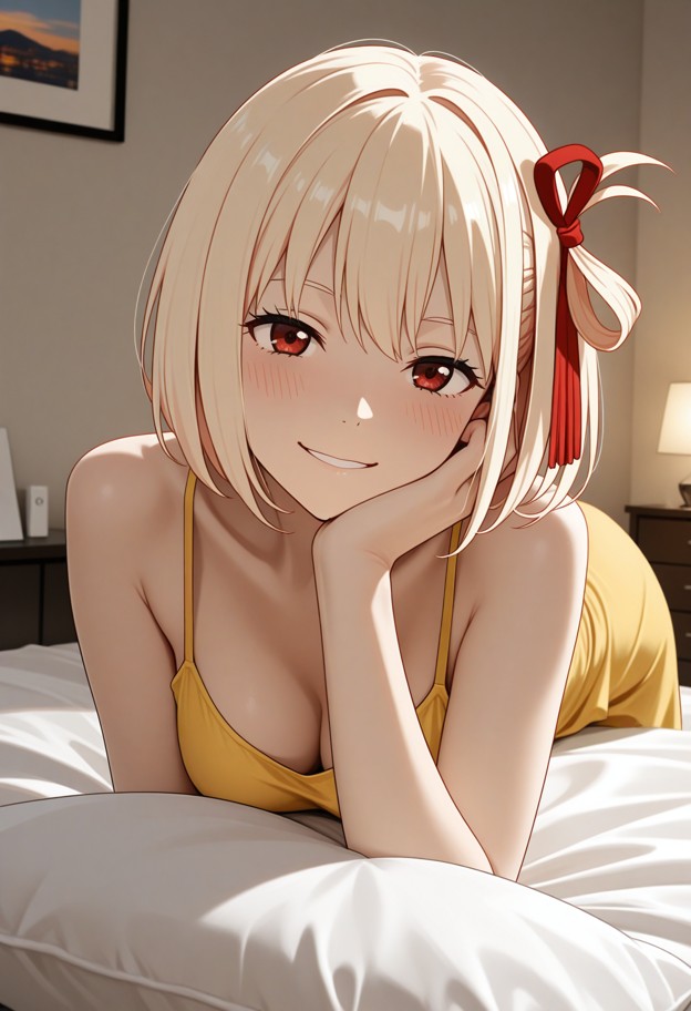 she is,kissing a man,yellow sundress,bedroom,white sheets,pillows,dim warm lighting,close up,forming lips,facing viewer