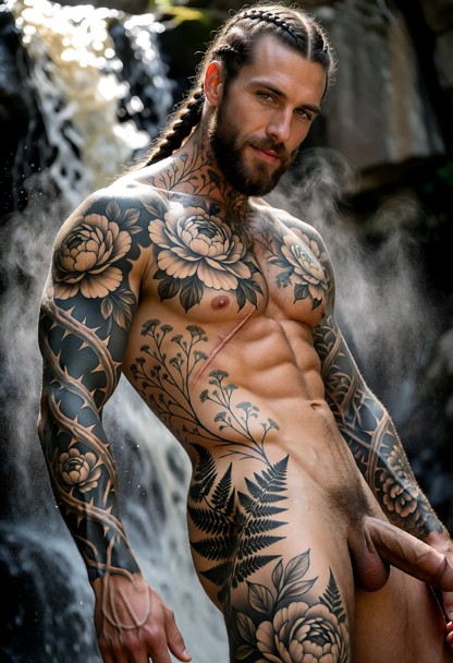 An adult man stands fully naked with no clothing near a natural waterfall, mist rising and drifting through the air a…