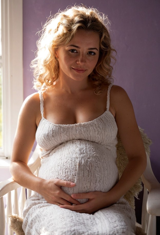 she is sitting in a rocking chair and rubbing her stomach,smiling,white cotton maternity dress,nursery,lavender walls…