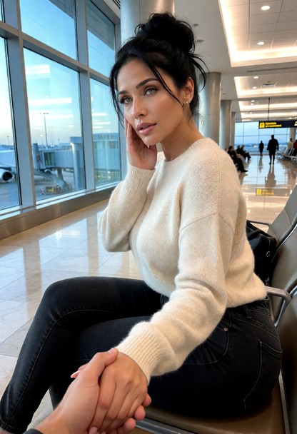 Location: a brightly lit modern airport terminal with large glass windows overlooking the tarmac, where the cool blue…