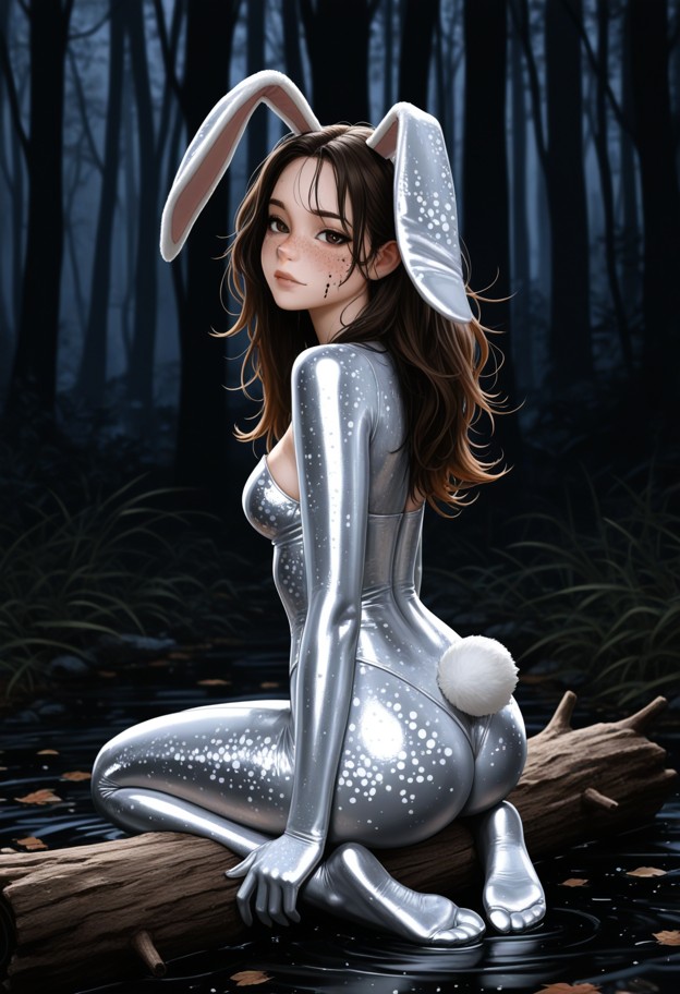 a vertical full-body portrait of a woman with clear,porcelain 
human skin,sitting on a log in a dark forest. her floo…