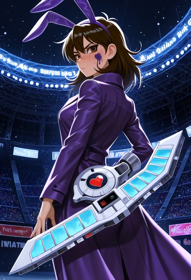 in the iconic yu-gi-oh! duel monsters anime style by kazuki takahashi. 
the character is standing in a high-tech batt…