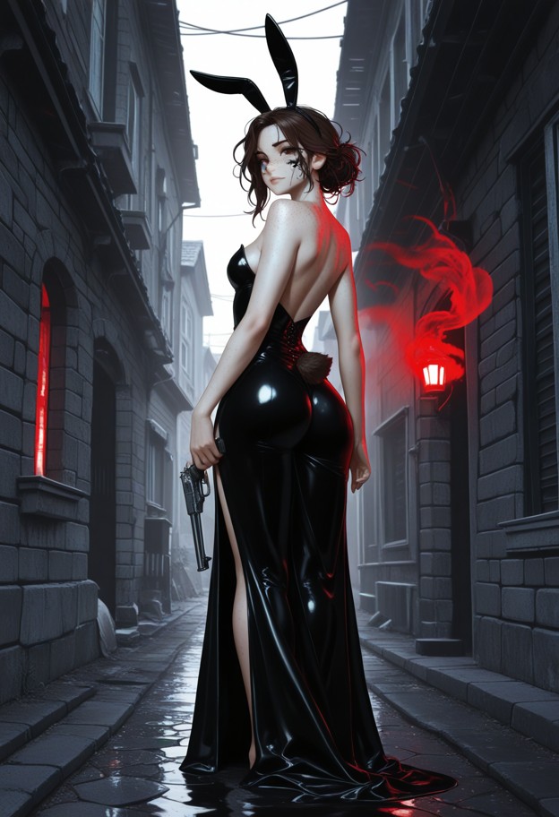 cinematic
masterpiece,extreme wide shot in a narrow,ancient cobblestone alley. a
woman with a serious,intense,and h…