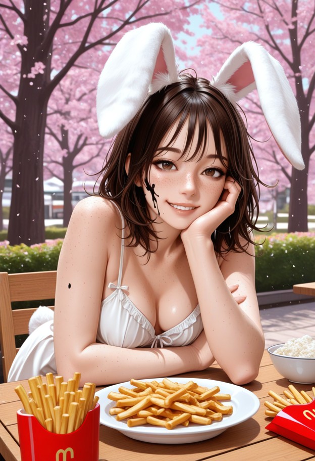 photorealistic
 cinematic shot of a happy beautiful woman sitting at a sun-drenched 
outdoor garden restaurant in spr…