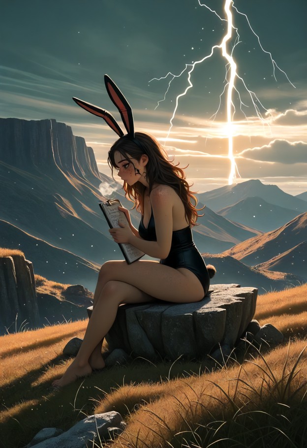 a calm cinematic scene of a woman sitting cross-legged on the edge of a high cliff,full body visible,stable and natur…