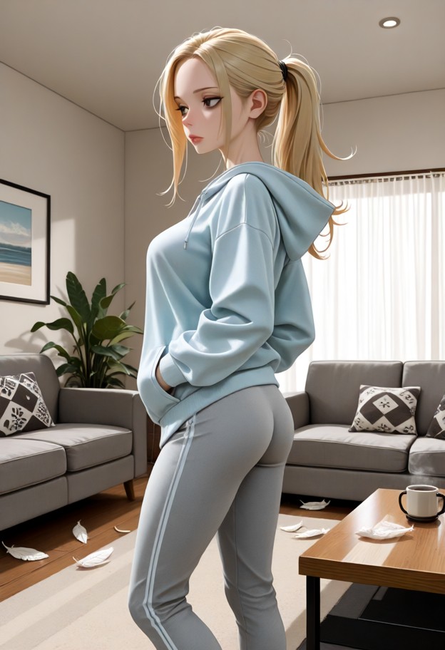 1girl standing,light blue oversized hoodie,grey sweatpants,living room,grey couch,wooden coffee table,scattered feath…