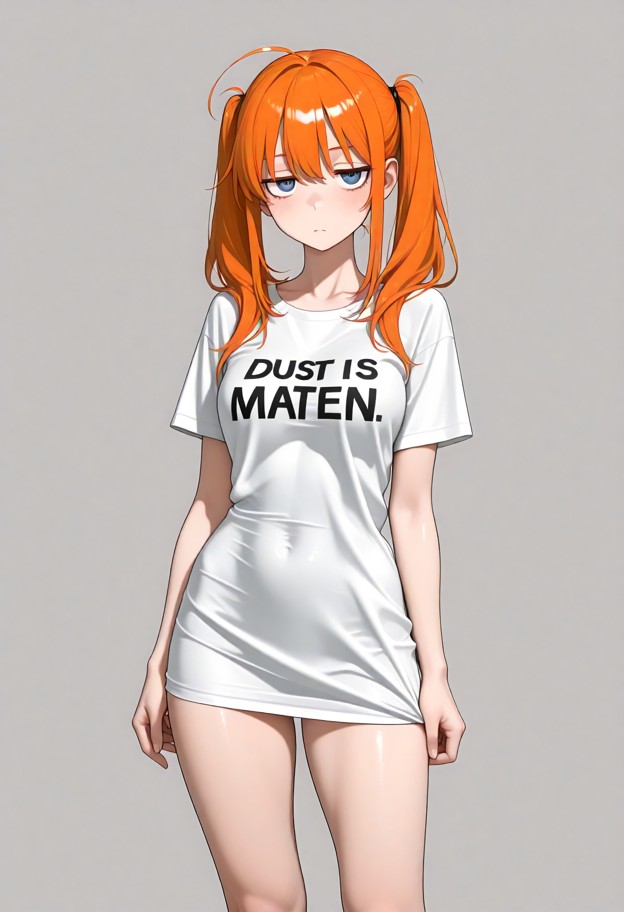 she is embarrassed and unhappy,stands tall,lifts her t-shirt and shows her bare breasts