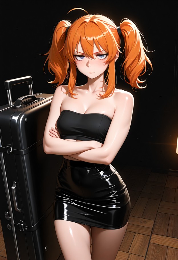 bridget stands upright with arms crossed and an angry expression,black tube top,black tight skirt,black sheer mesh to…